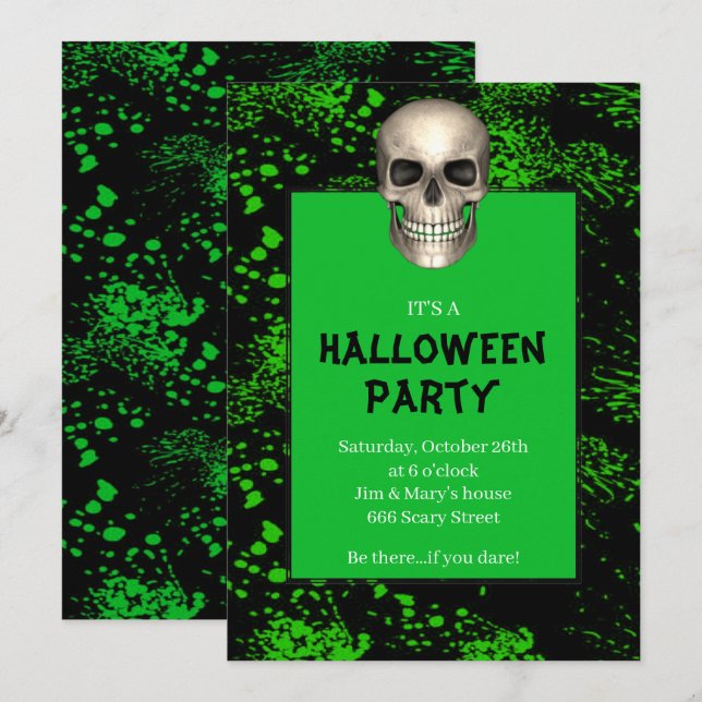 Gothic Skalle Grön Splatter Halloweenfest Inbjudningar (Fram/baksida)