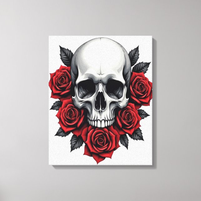Gothic skalle och röd ros mörk canvastryck (Framsida)