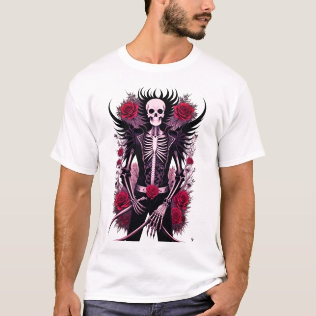 Gothic skalle och rödblommor Manar Basic T-Shirt (Framsida)