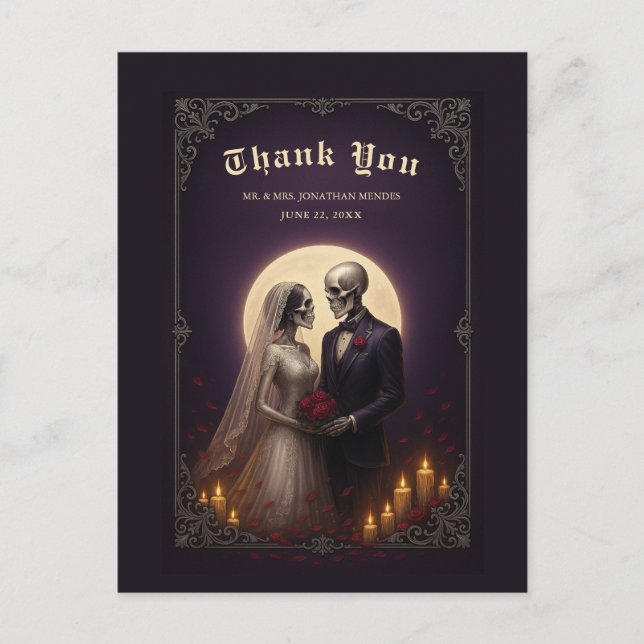 Gothic Skeleton Couple Elegant Wedding Thank You Vykort (Framsida)