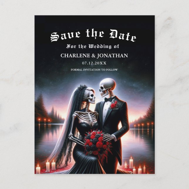 Gothic Skeleton Couple Navy Save the Date Meddelande Vykort (Framsida)