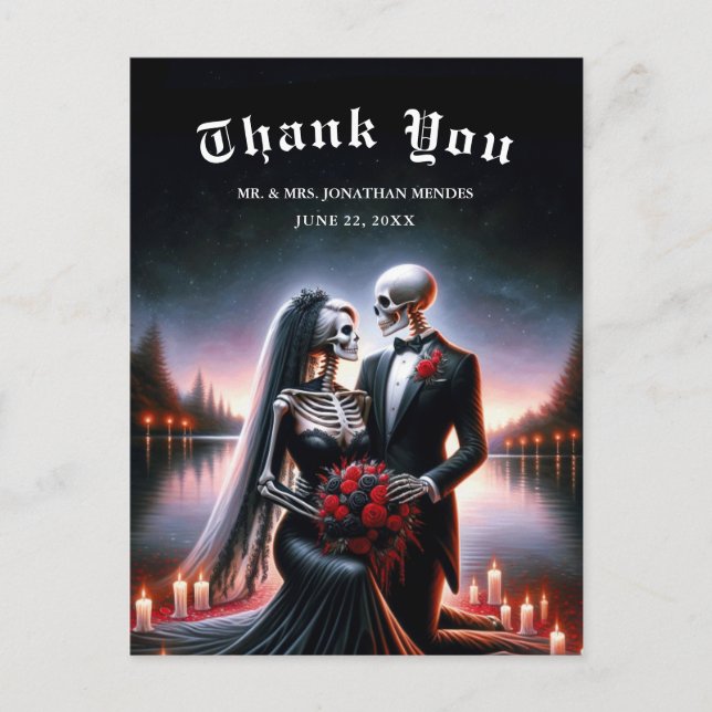 Gothic Skeleton Couple Navy Wedding Thank You Vykort (Framsida)