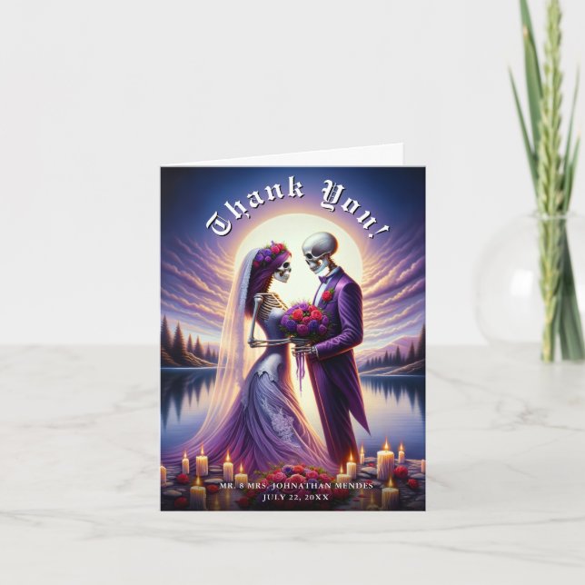 Gothic Skeleton Couple Red Roses Wedding Tack Kort (Framsida)