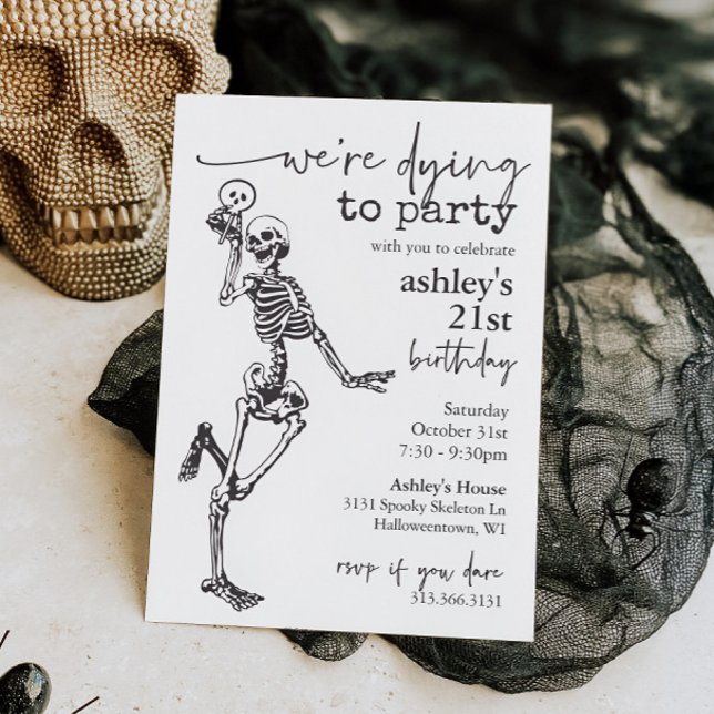 Gothic Skeleton Dying till Party Halloween Birthda Inbjudningar (Skeleton Halloween Birthday Party Invitation)
