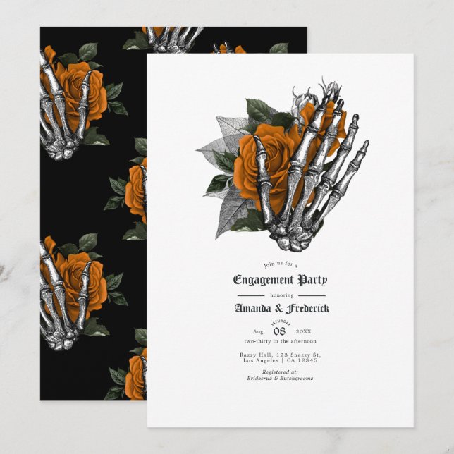 Gothic Skeleton Hand och Ro Förlovningsfest Inbjudningar (Fram/baksida)