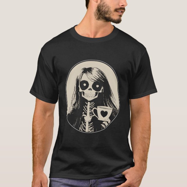 Gothic Skeleton med kaffe T Shirt (Framsida)