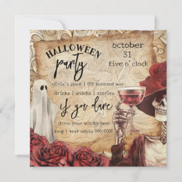 Gothic Skeleton och Ghost Victorian Halloween Inbjudningar