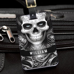 Gothic Skeleton Skull Black and White Namn Bagagebricka