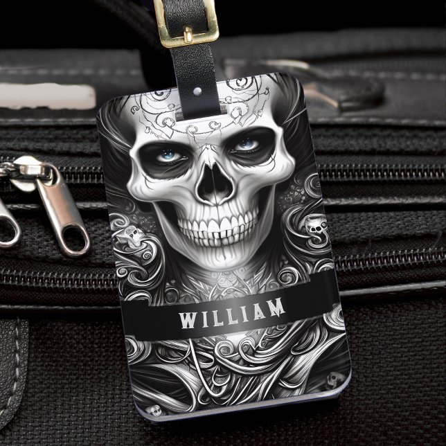 Gothic Skeleton Skull Black and White Namn Bagagebricka (Gothic Skeleton Skull Black and White Name Luggage Tag)