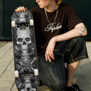 Gothic Skeleton Skull Black & White Mini Skateboard Bräda 18,5 Cm