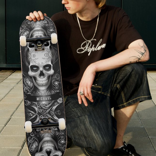 Gothic Skeleton Skull Black & White Mini Skateboard Bräda 18,5 Cm (Gothic Skeleton Skull Black & White Skateboard)