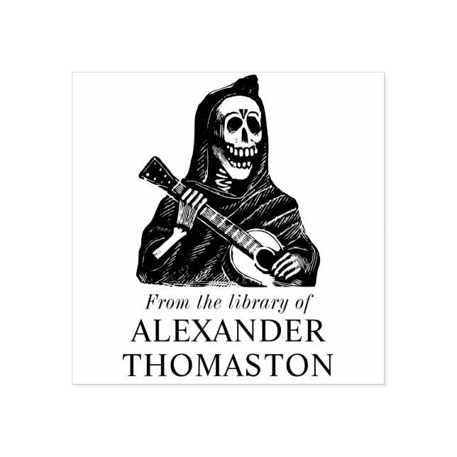 Gothic Skeleton spelar Guitar Bibliotek Bok Namn Stämpel (Tryck)