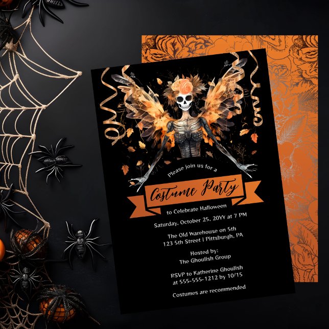 Gothic Skull Älva Halloween Costume Party Inbjudningar (Gothic Skeleton Faerie Halloween Costume Party Invitation)