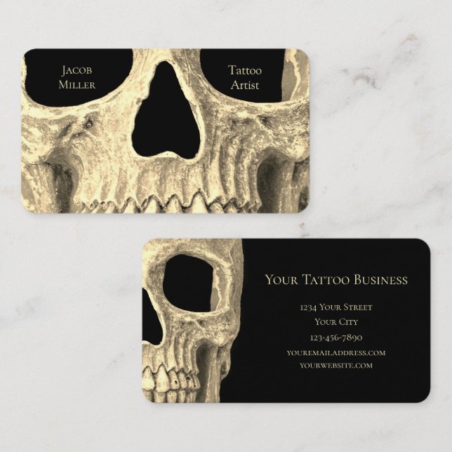 Gothic Skull Ansikte Black Beige Tatto Shop Visitkort (Fram/baksida)