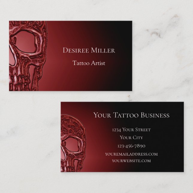 Gothic Skull Ansikte Glowing Red Black Tatto Shop Visitkort (Fram/baksida)