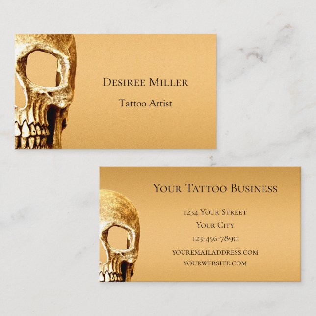 Gothic Skull Ansikte Guld White Tatto Shop Visitkort (Fram/baksida)