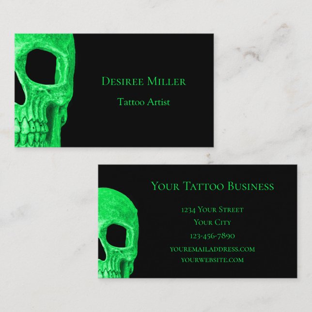 Gothic Skull Ansikte Neon Grönt Black Tatto Shop Visitkort (Fram/baksida)