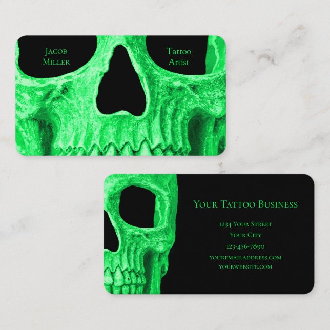 Gothic Skull Ansikte Neon Grönt Black Tatto Shop Visitkort (Fram/baksida)