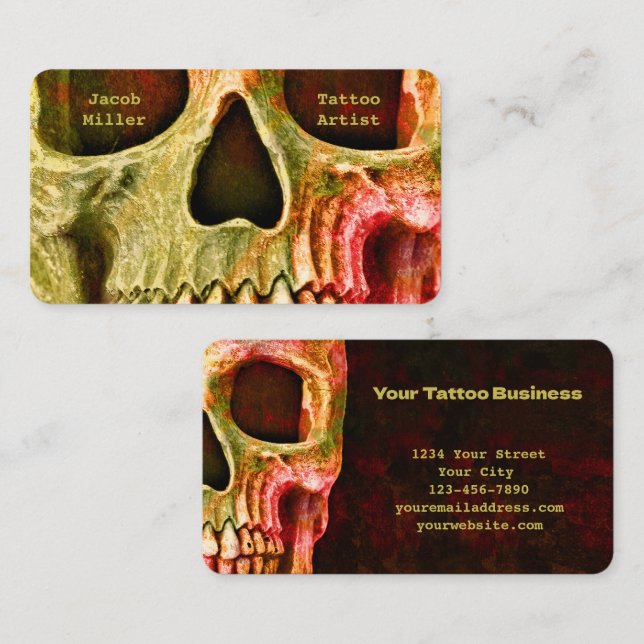 Gothic Skull Ansikte Red Grönt Tatto Shop Visitkort (Fram/baksida)