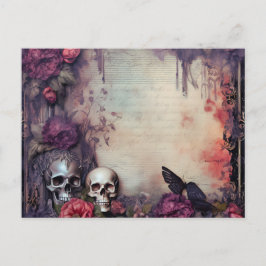 Gothic Skull Black Butterfly Flowers Halloween Helg Vykort