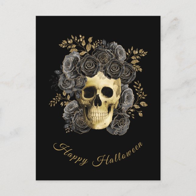 Gothic Skull Black & Guld Glitter Ro Halloween Helg Vykort (Framsida)