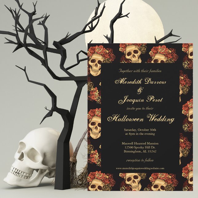 Gothic Skull Black Röd ros Halloween Bröllop Inbjudningar (Skapare uppladdad)