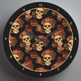 Gothic Skull Black Röd ros Krona Halloween Stor Klocka