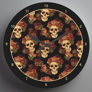 Gothic Skull Black Röd ros Krona Halloween Stor Klocka