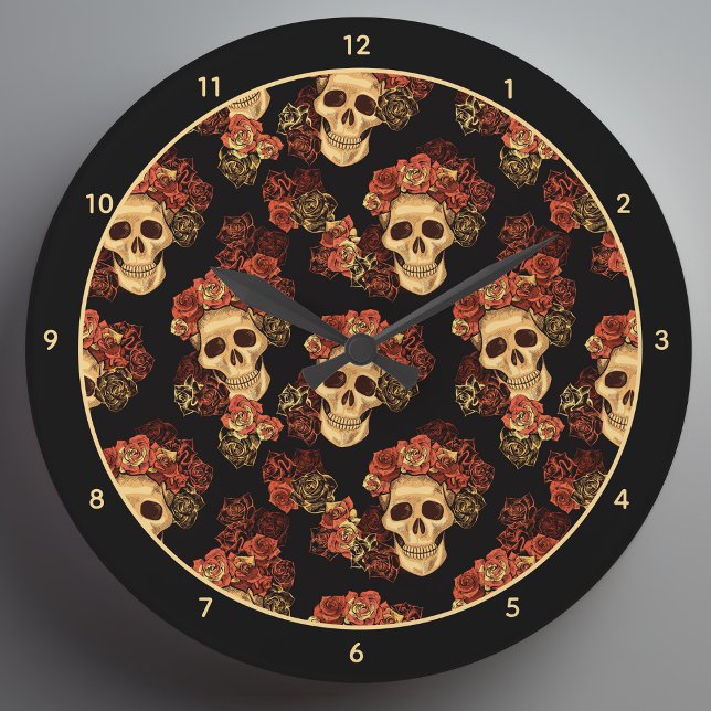 Gothic Skull Black Röd ros Krona Halloween Stor Klocka (Skapare uppladdad)