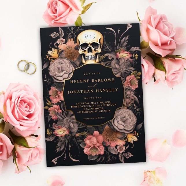 Gothic Skull Blommigt Black Bröllop Inbjudningar (Gothic Skull Floral Black Wedding Invitation)