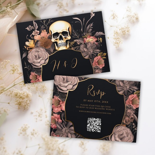 Gothic Skull Blommigt QR Code Bröllop OSA Kort (Gothic Skull Floral QR Code Wedding RSVP Card)