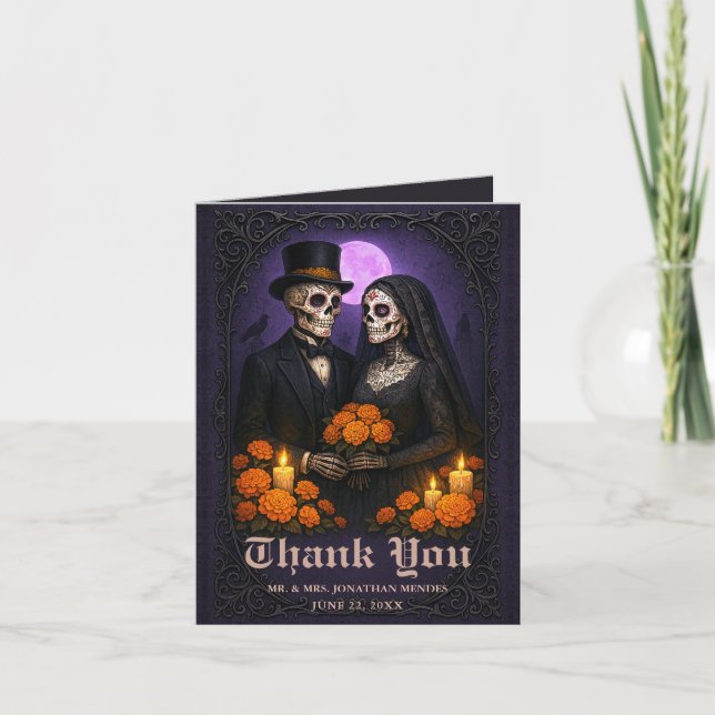 Gothic Skull Candy Couple  Wedding Thank You Tack Kort (Framsida)