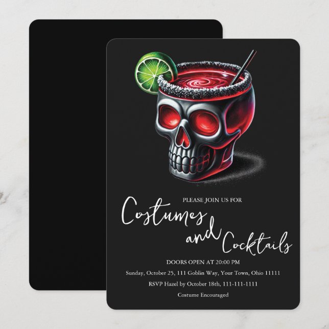 Gothic Skull Cocktail och kostymer Halloween Inbjudningar (Fram/baksida)