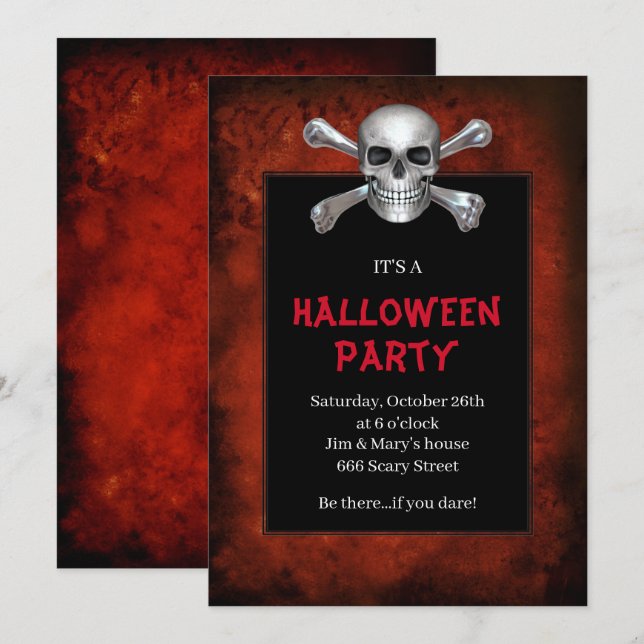 Gothic Skull Crossbone Red Grunge Halloween fest Inbjudningar (Fram/baksida)