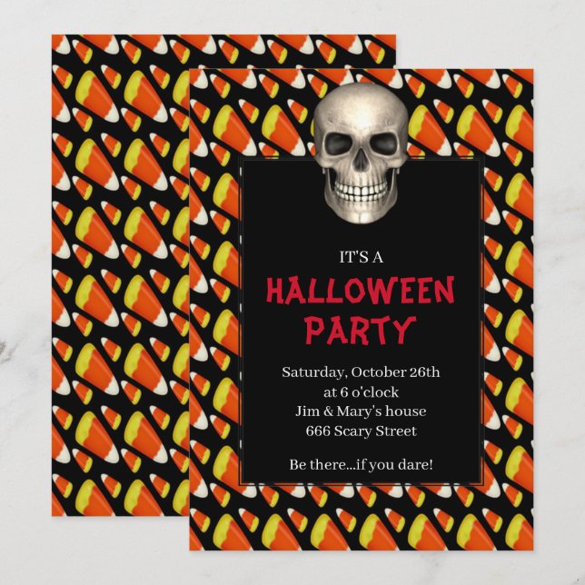 Gothic Skull Godis Corn Halloweenfest Inbjudningar (Fram/baksida)