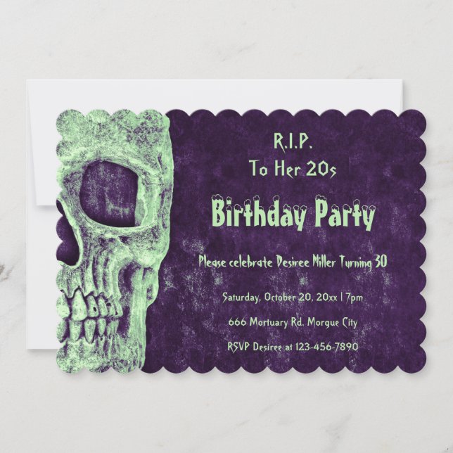 Gothic Skull Grönt Lila Birthday till hennes 20-ta Inbjudningar (Framsida)