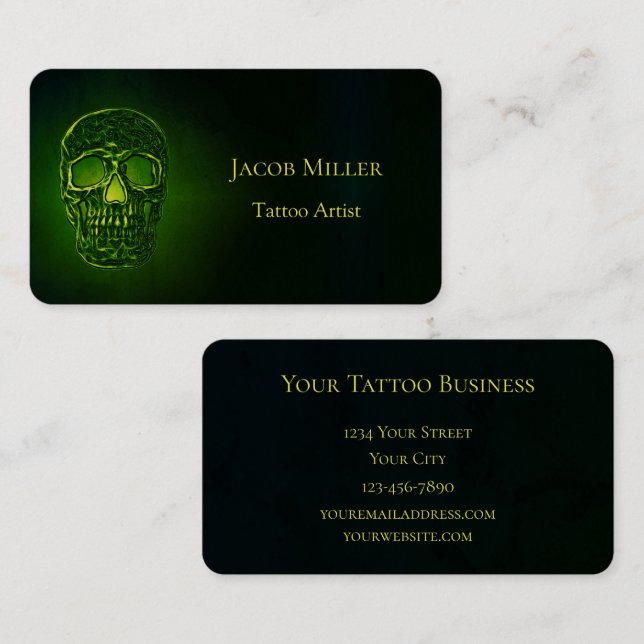 Gothic Skull Grönt Neon Metallic Tattoo Artist Visitkort (Fram/baksida)