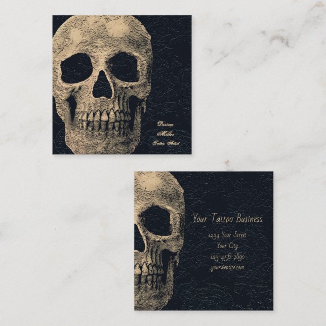Gothic Skull Head Beige Black Blommigt Tattoo Arti Fyrkantigt Visitkort (Fram/baksida)