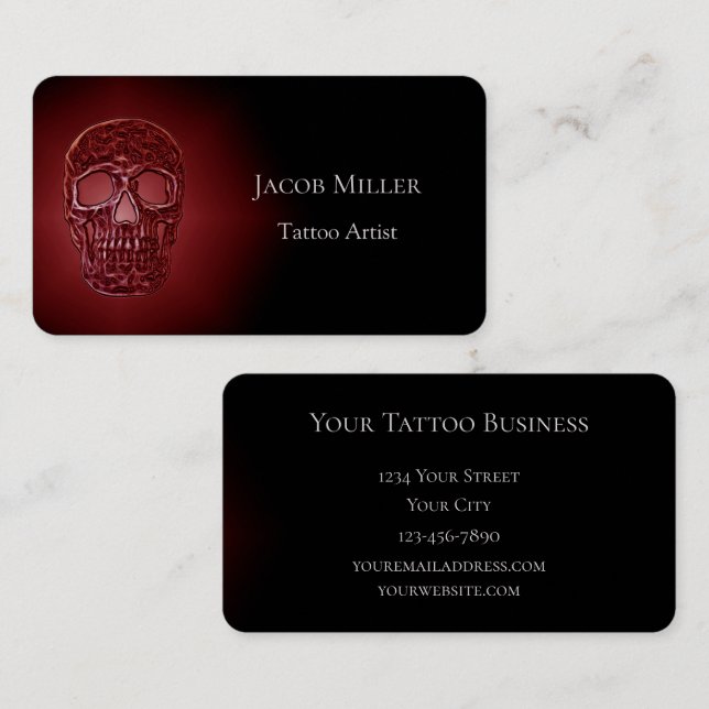 Gothic Skull Head Glowing Red Black Tattoo Shop Visitkort (Fram/baksida)
