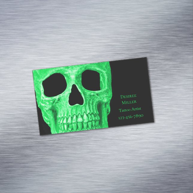 Gothic Skull Head Grönt Neon Black Tatto Shop Magnetiska Visitkort (In Situ)