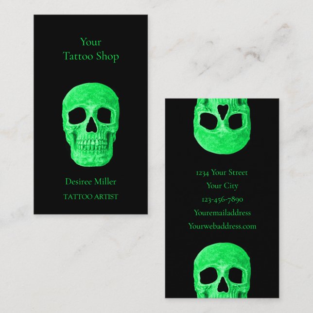 Gothic Skull Head Grönt Neon Black Tatto Shop Visitkort (Fram/baksida)