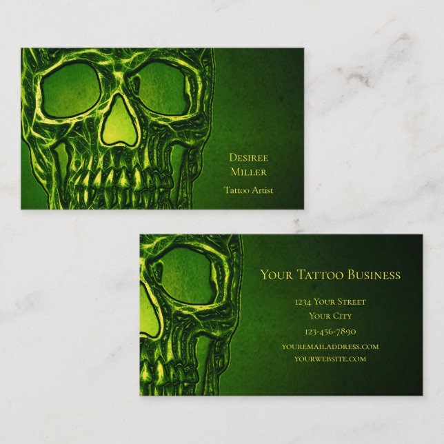 Gothic Skull Head Grönt Neon Metallic Tatto Shop Visitkort (Fram/baksida)