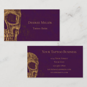 Gothic Skull Head Guld Lila Tatto Shop Visitkort