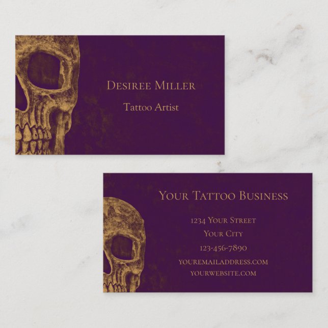Gothic Skull Head Guld Lila Tatto Shop Visitkort (Fram/baksida)