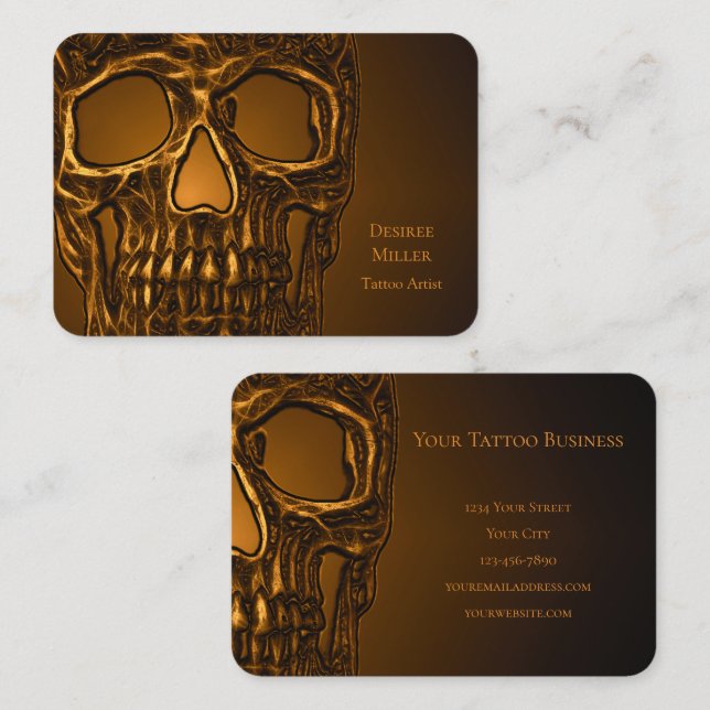 Gothic Skull Head Guld Metallisk Tatooer Butik Visitkort (Fram/baksida)