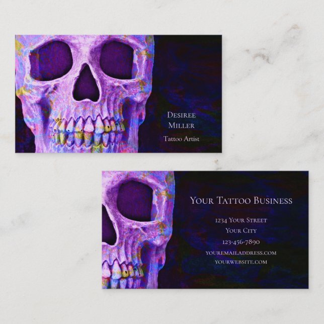 Gothic Skull Head Lila Blue Tatto Shop Visitkort (Fram/baksida)