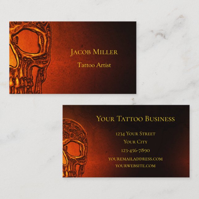Gothic Skull Head Orange Black Tatto Shop Visitkort (Fram/baksida)