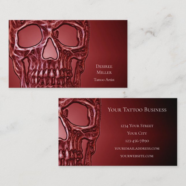 Gothic Skull Head Red Black Glowing Tatto Shop Visitkort (Fram/baksida)