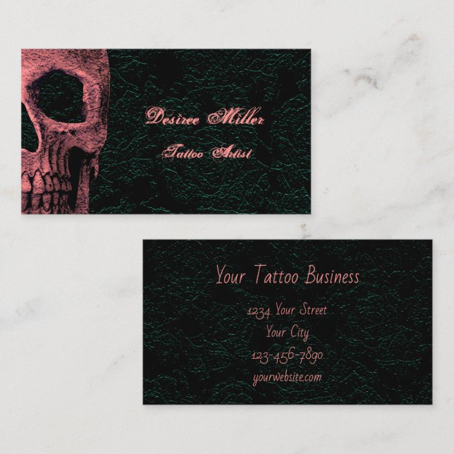 Gothic Skull Head Rosa Black Blommigt Tattoo Artis Visitkort (Fram/baksida)