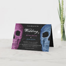 Gothic Skull Head Rosa Blue Hallobröllop Inbjudan